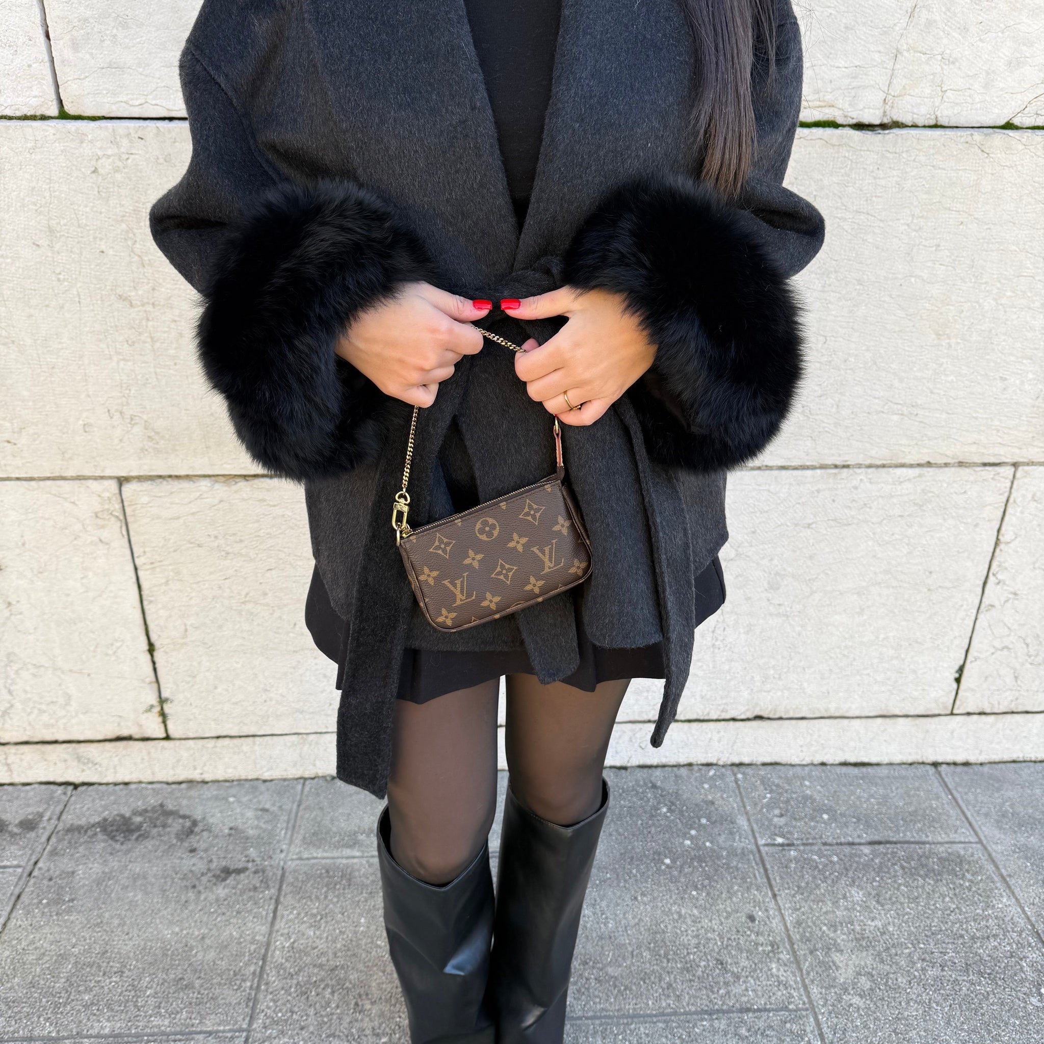 ANTHRACITE WOOL COAT WITH FUR