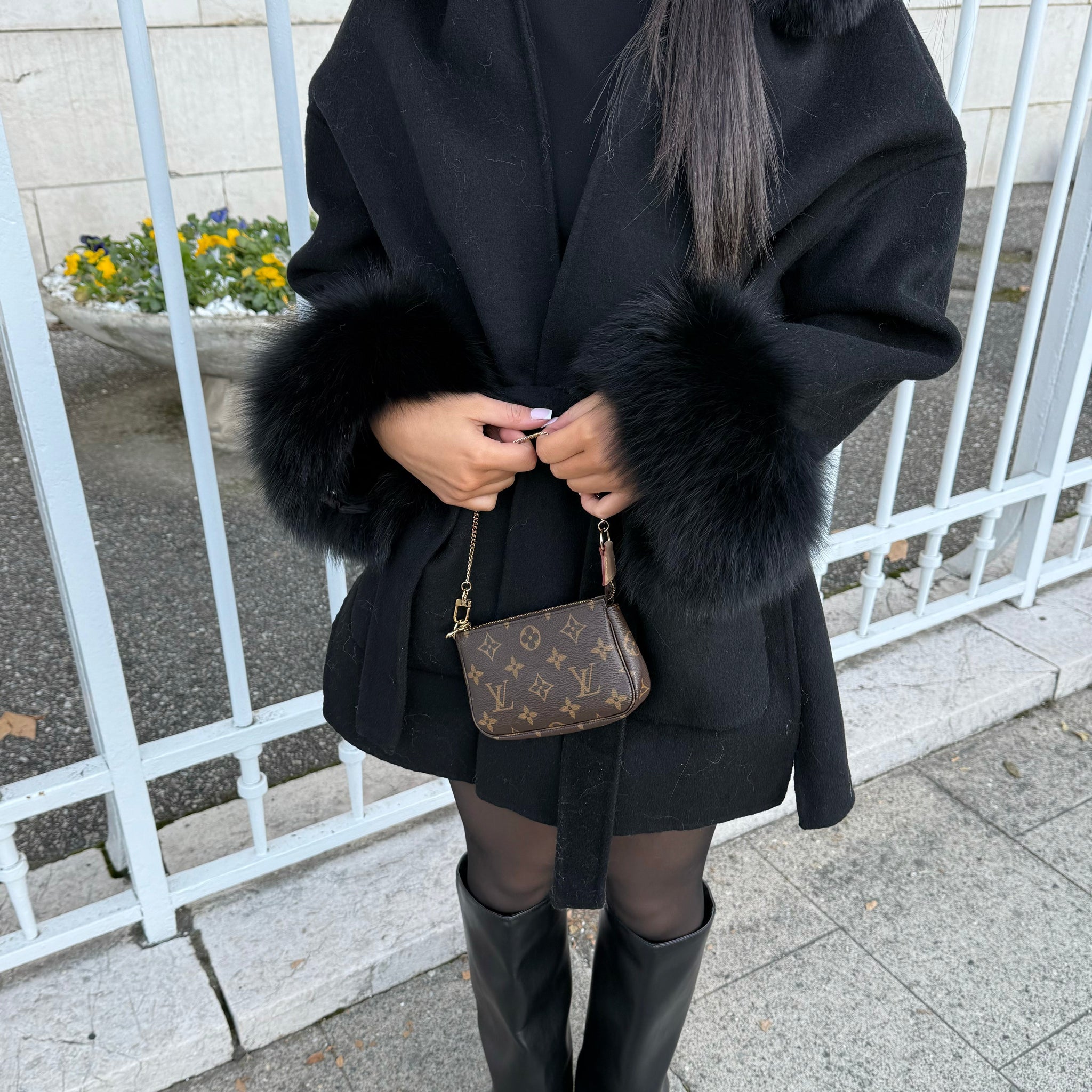 BLACK WOOL AND FUR COAT WITH HOOD